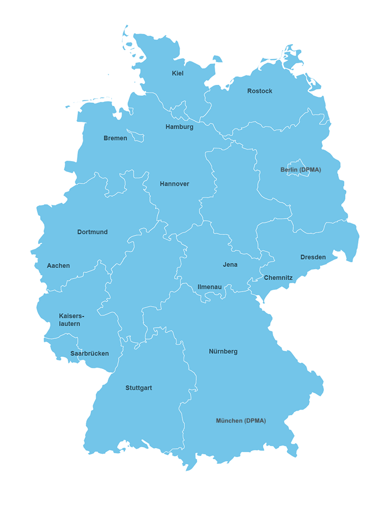Deutschlandkarte mit den Standorten der Patentinformationszentren und der beiden DPMA-Standorte Berlin und München