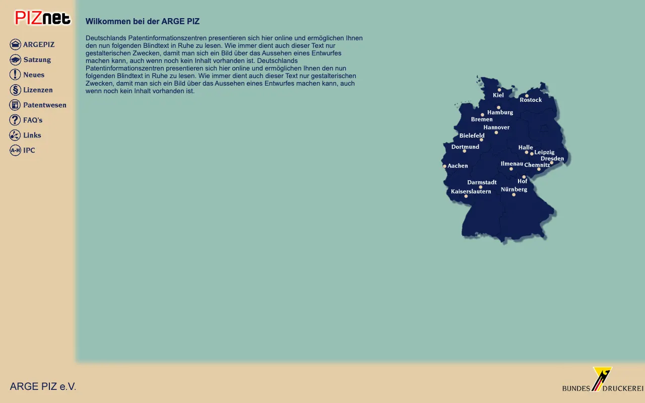 Startseite der piznet-Website von 1999: links das Menü mit ARGEPIZ, Satzung, Neues, Lizenzen, Patentwesen, FAQ's, Links und IPC, in der Mitte „Willkommen bei der ARGE PIZ“ mit Platzhaltertext, rechts eine Deutschlandkarte mit den Standorten der Patentinformationszentren.
